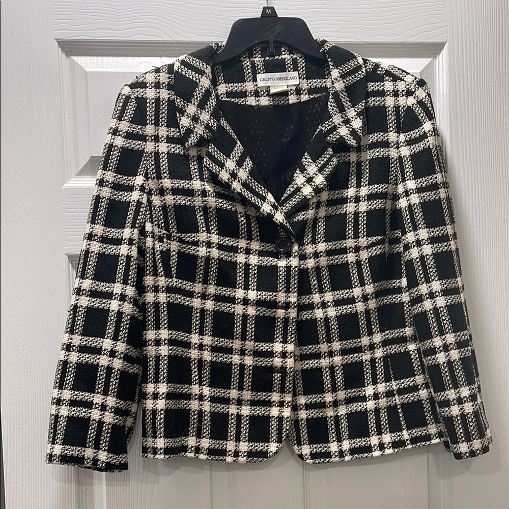 VINTAGE Gruppo Americano Black and White Plaid Silk Blazer with Formal Cut